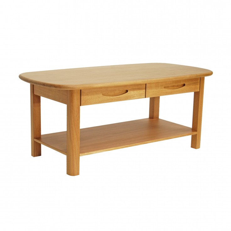 Bergen solid oak coffee table with shelf and two drawers